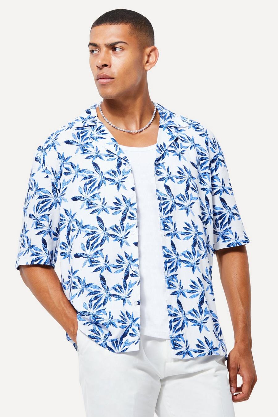 Blue Short Sleeve Viscose Brush Palm Shirt