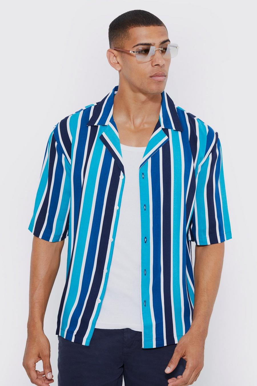Blue Short Sleeve Viscose Retro Stripe Shirt