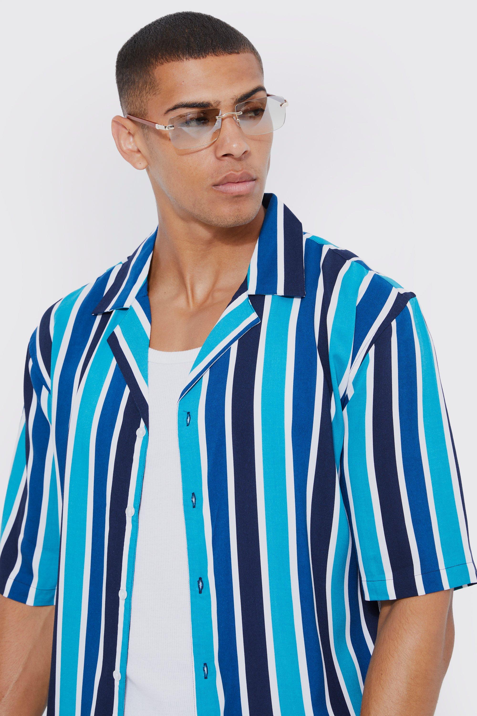 blue and white striped shirt mens short sleeve