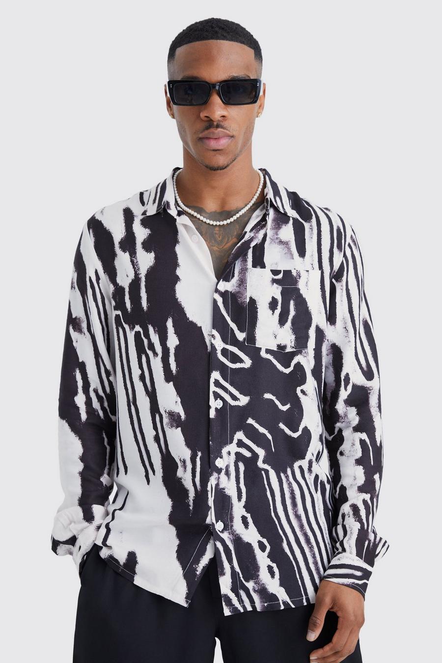 Black Viscose Overhemd Met Abstracte Print En Lange Mouwen