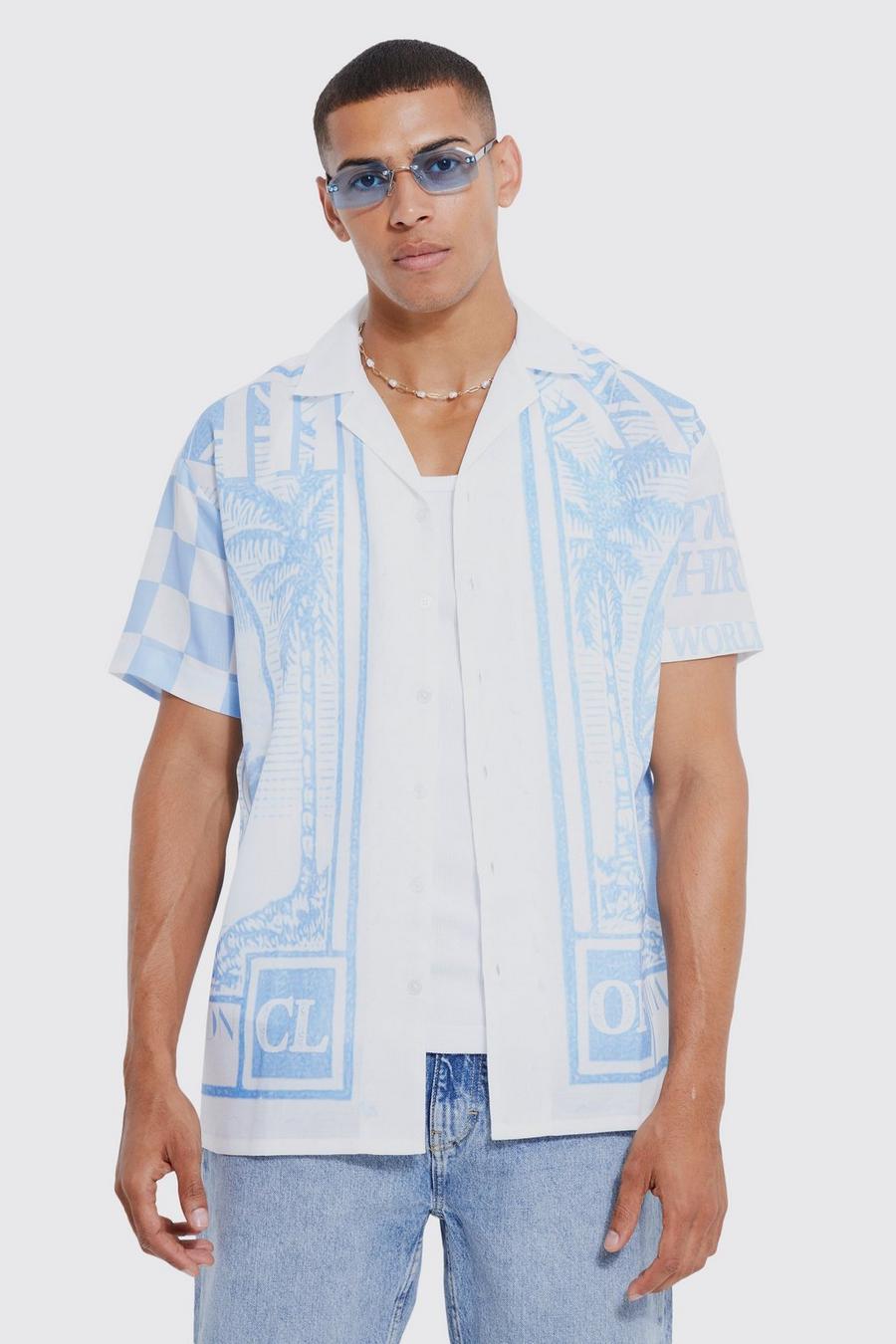 Blue azul Short Sleeve Oversized Pastel Border Shirt