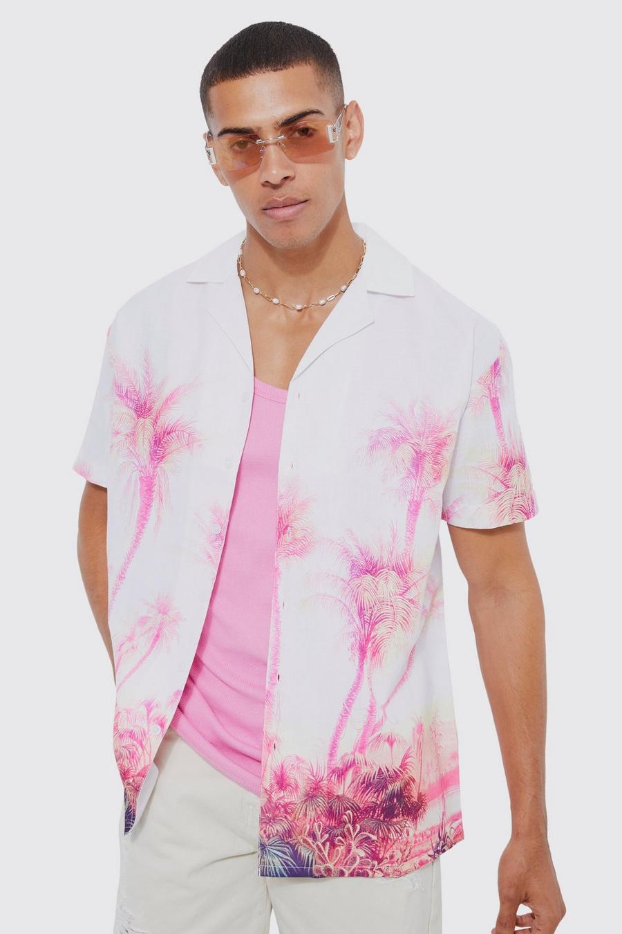 Pink Short Sleeve Oversized Slub Palm Scene Shirt image number 1