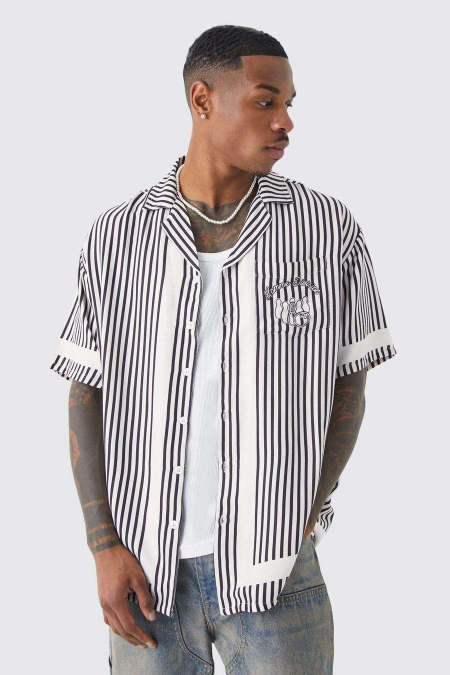 Black Short Sleeve Oversized Viscose Pinstripe Bowling Shirt