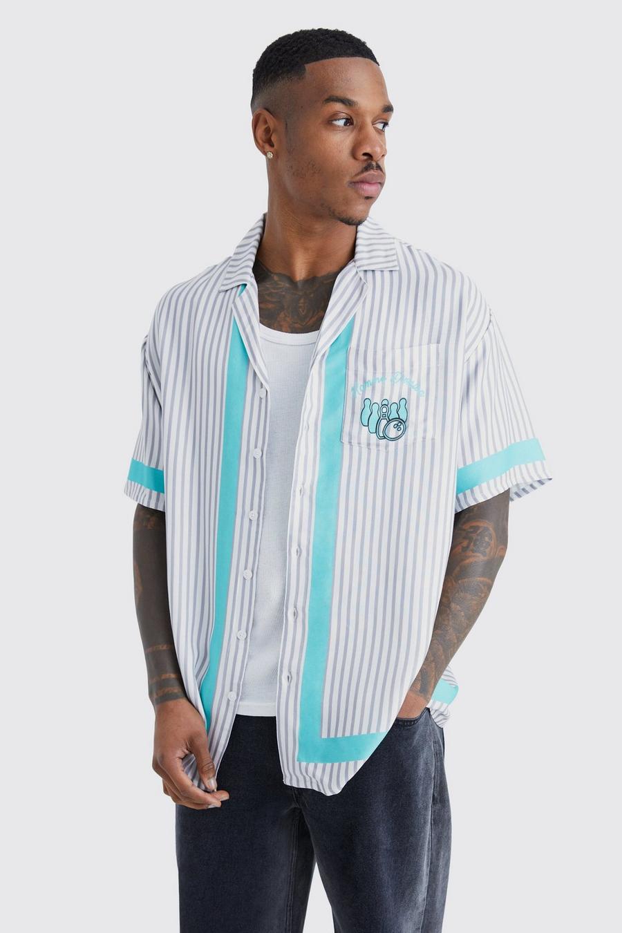 Ecru vit Short Sleeve Oversized Viscose Pinstripe Bowling Shirt