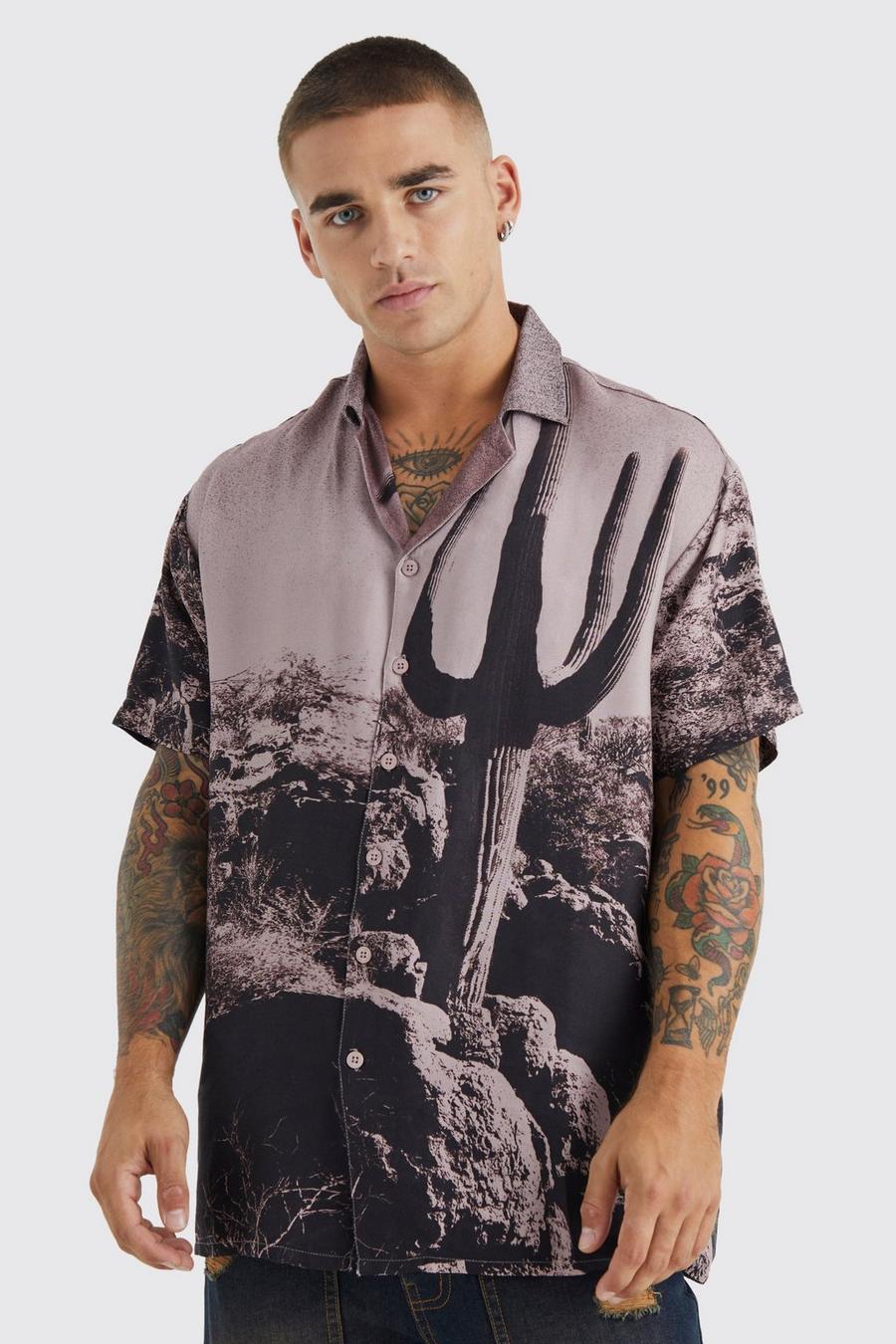 Brown Short Sleeve Oversized Slub Desert Photo Shirt