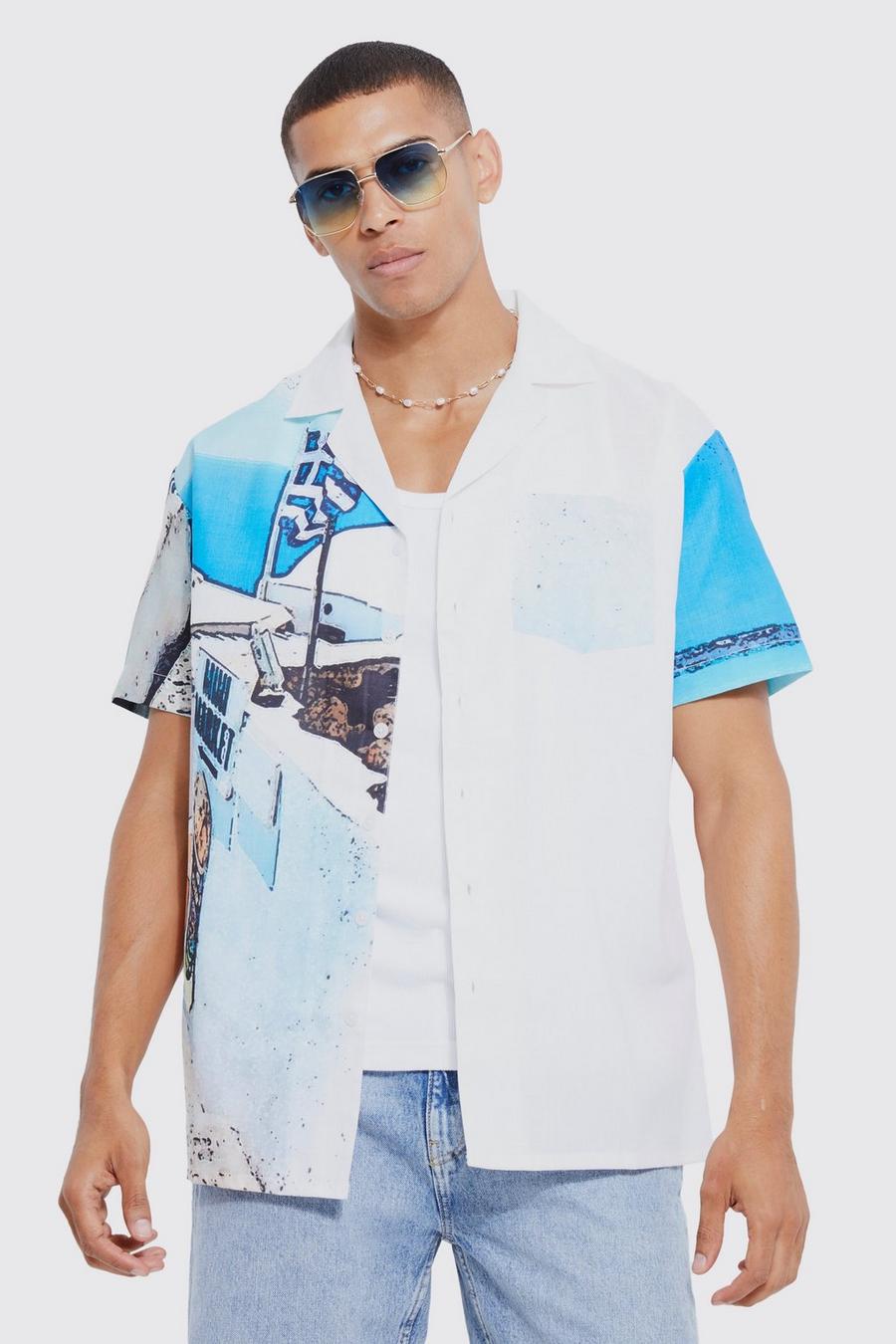Camicia oversize a maniche corte in tessuto fiammato effetto patchwork con foto, White image number 1