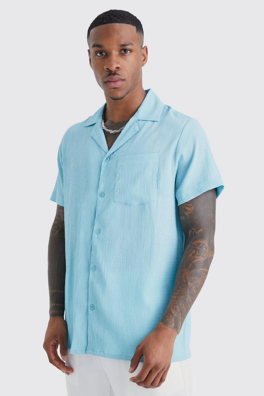 Pale blue blå Short Sleeve Boxy  Sheer Crinkle Shirt