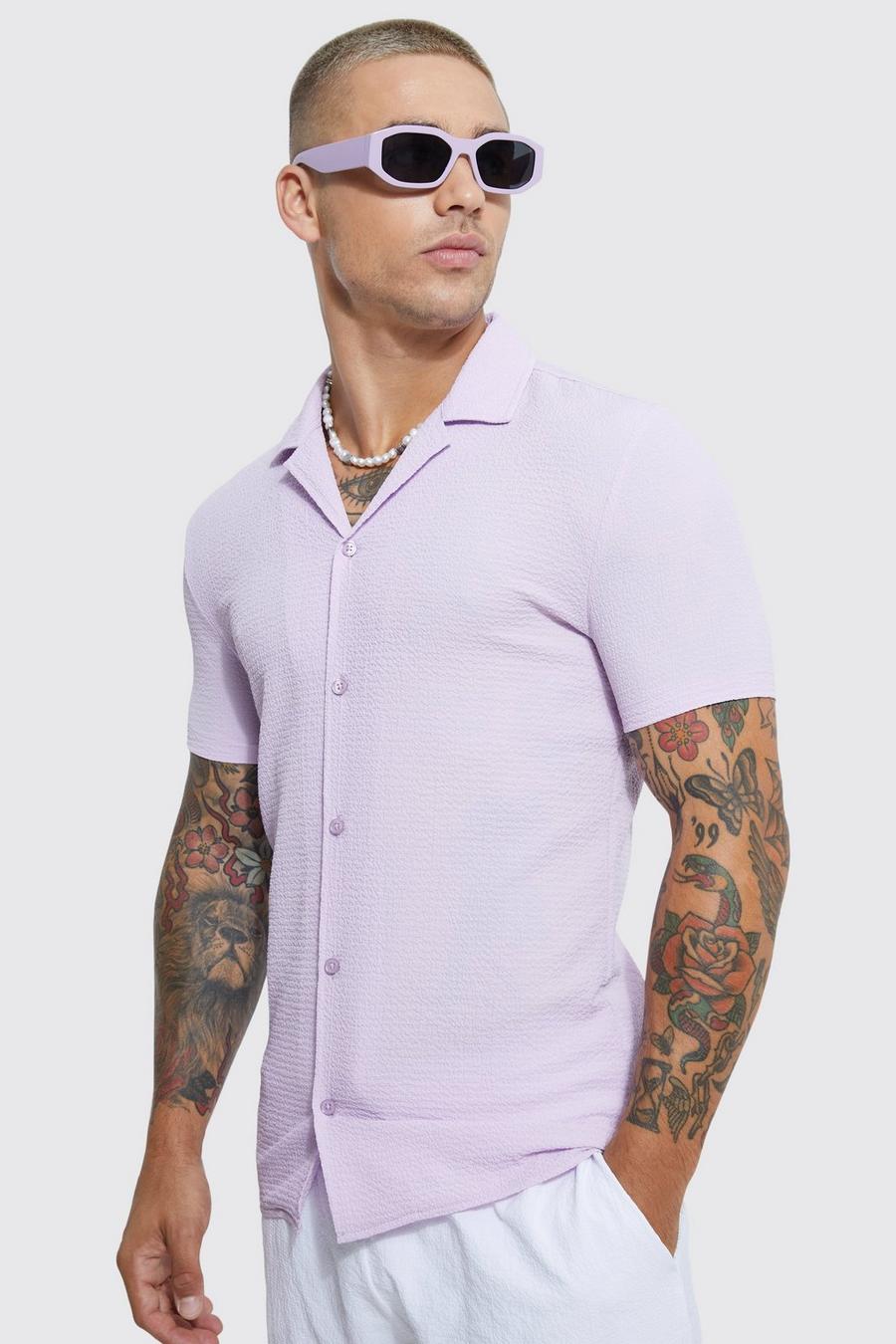 Camicia attillata a maniche corte effetto goffrato, Lilac image number 1
