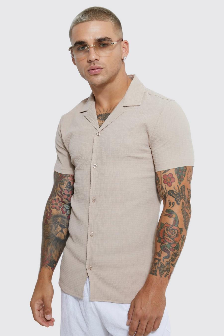 Taupe beige Short Sleeve Muscle Fit Crinkle Shirt