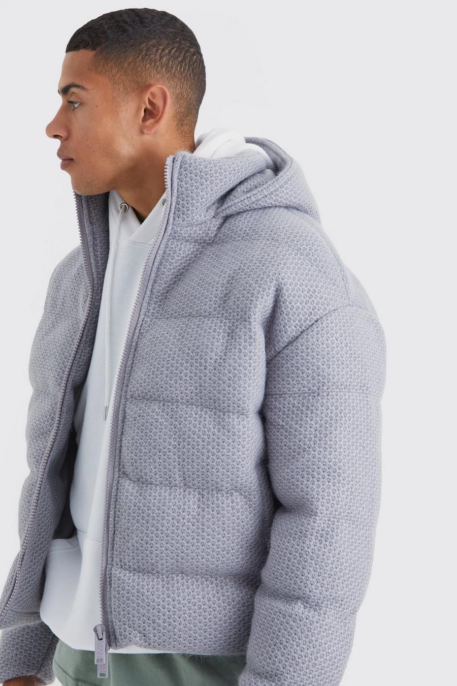 Grey marl gris Heavyweight Brushed Knit Quilted Puffer With Hood