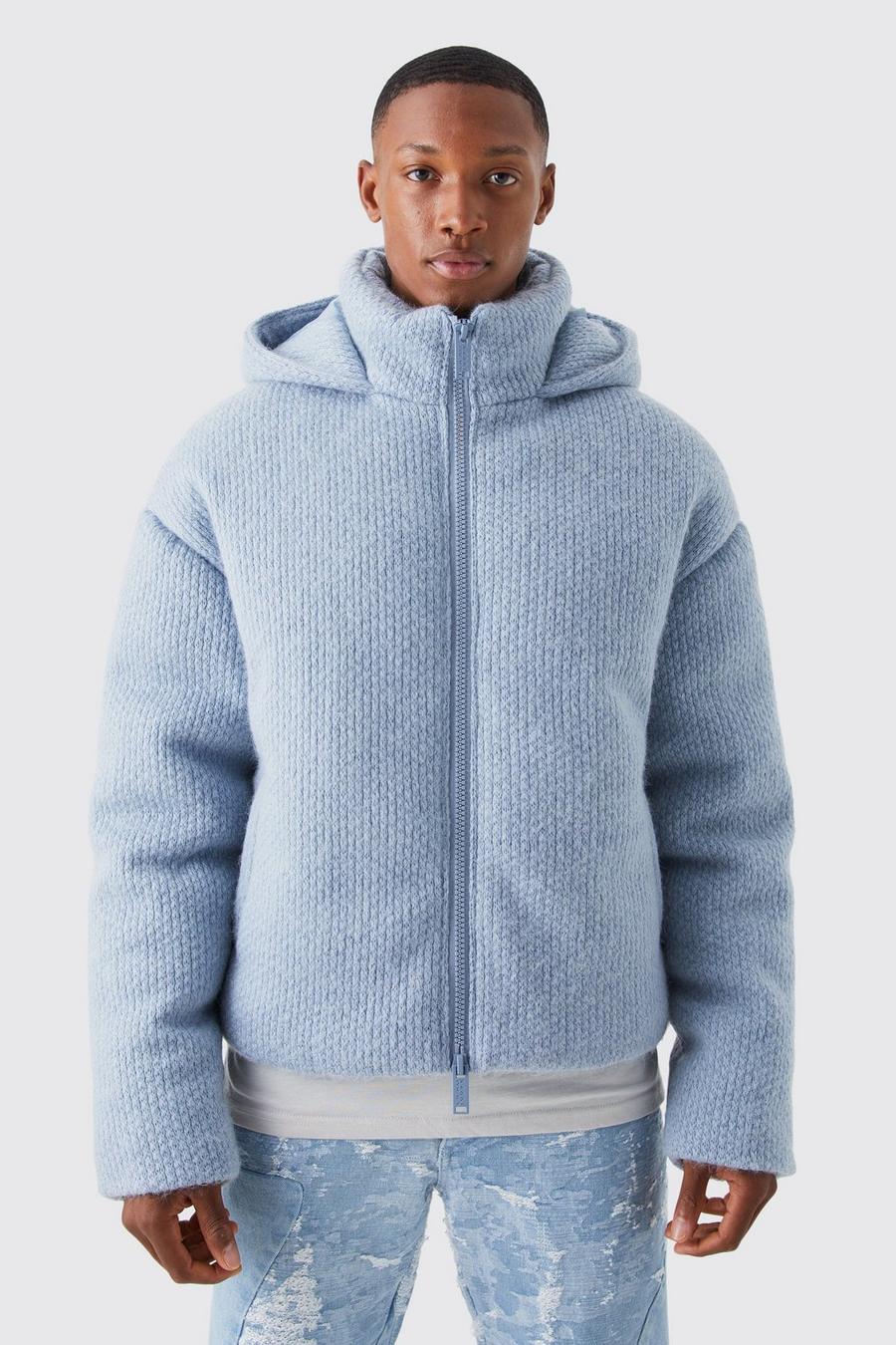 Pale blue azul Heavyweight Brushed Knitted Puffer With Hood