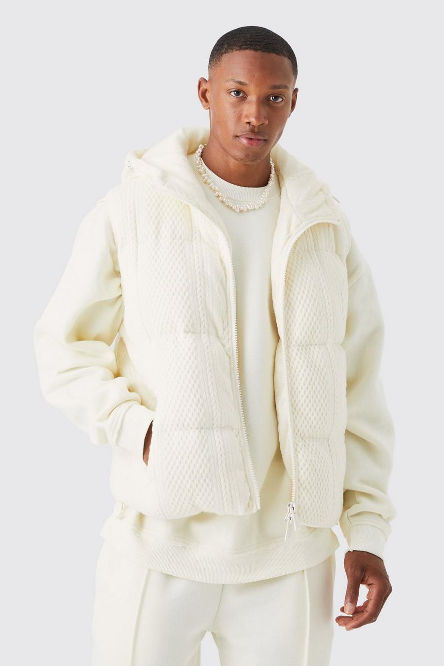 Ecru blanc Heavyweight Cable Knitted Gilet With Hood