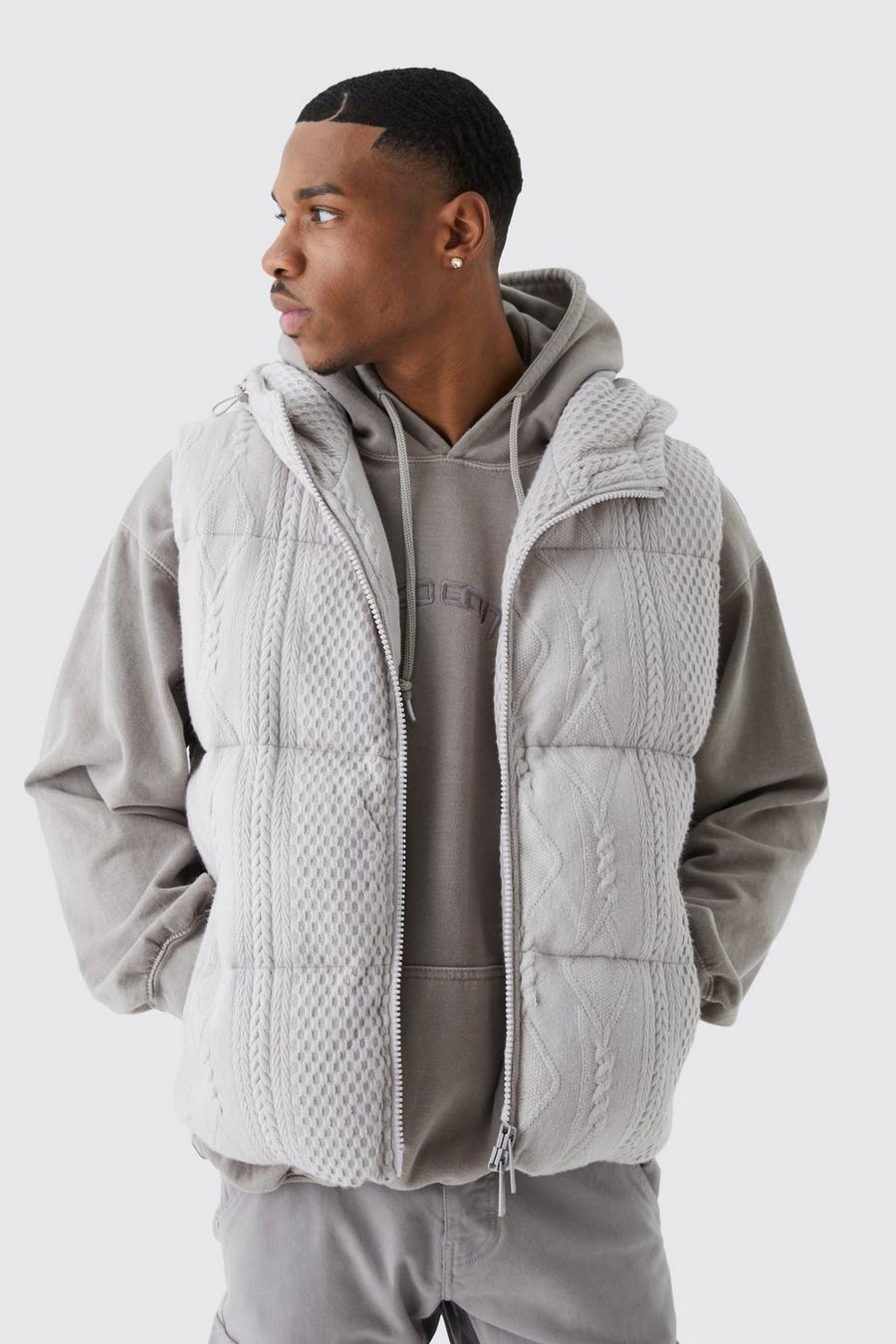 Pale grey grå Heavyweight Cable Knitted Gilet With Hood