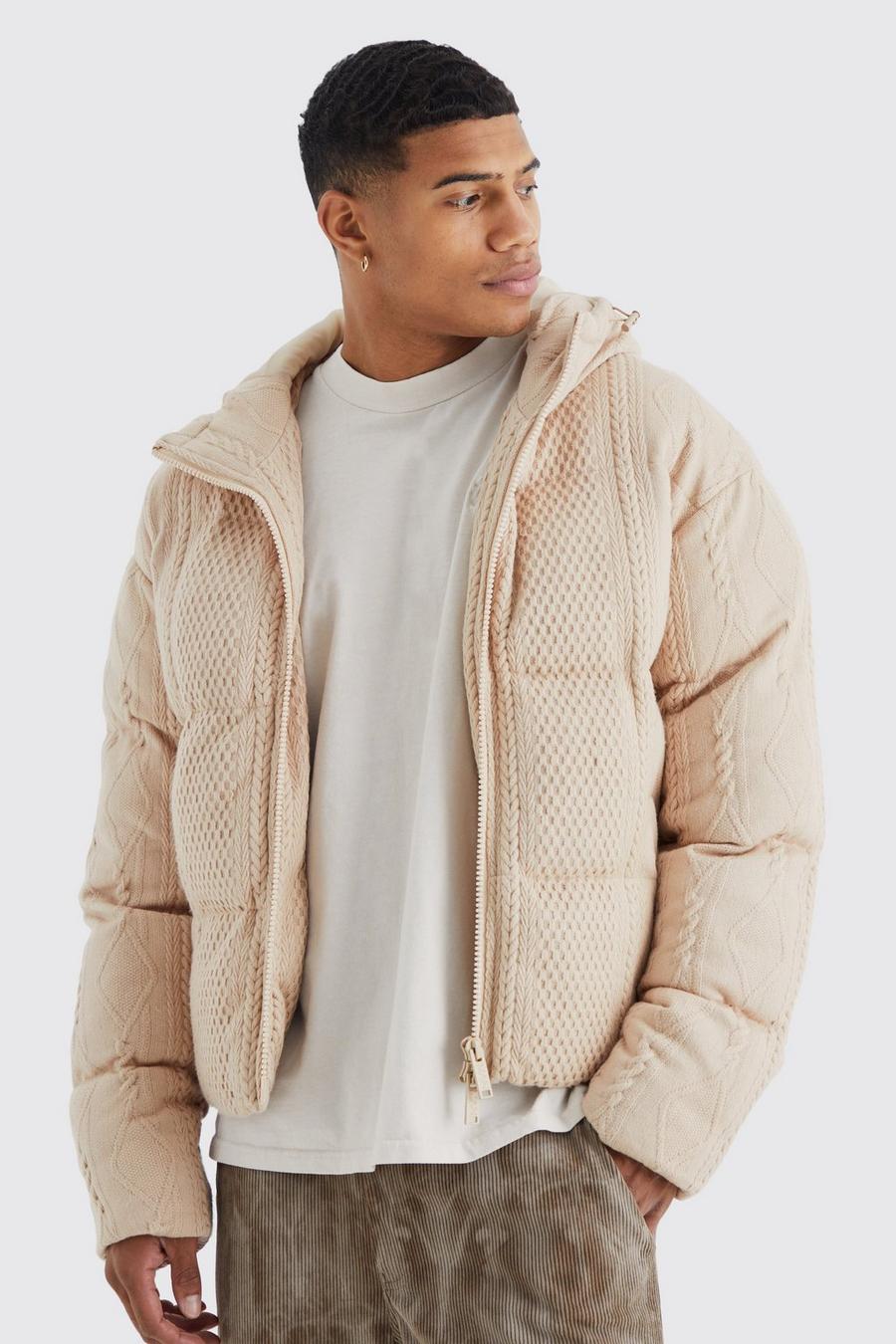 Sand Heavyweight Cable Knitted Puffer With Hood image number 1