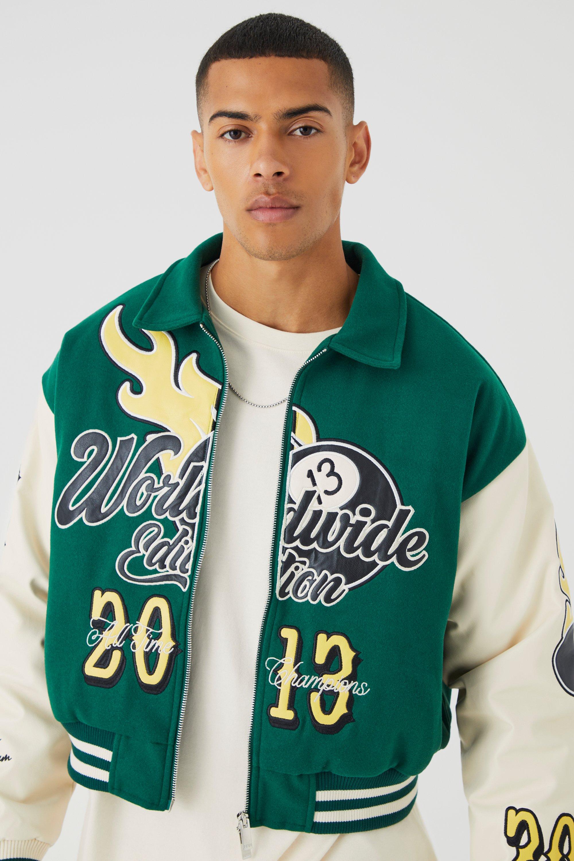 Boxy Melton & Pu Collared Varsity Jacket