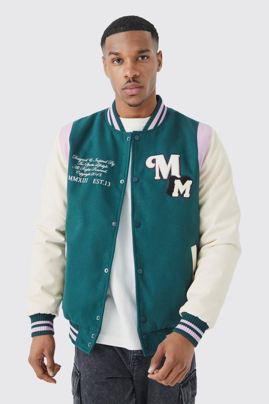 Giacca in Melton & Pu con stemma stile Varsity, Green image number 1