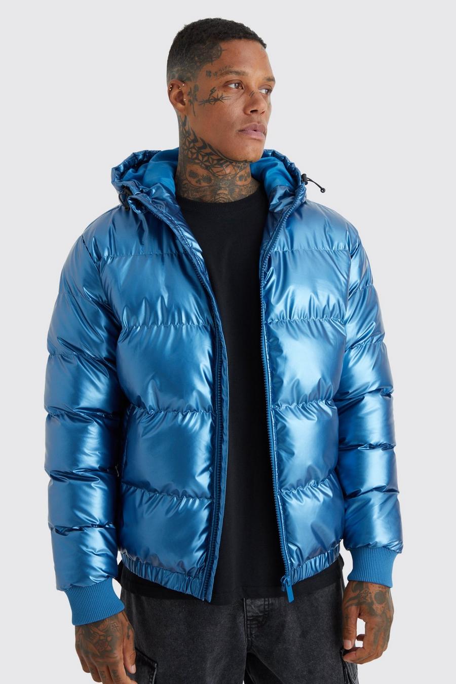 Slate blue Metallic Quilted Puffer With Hood image number 1
