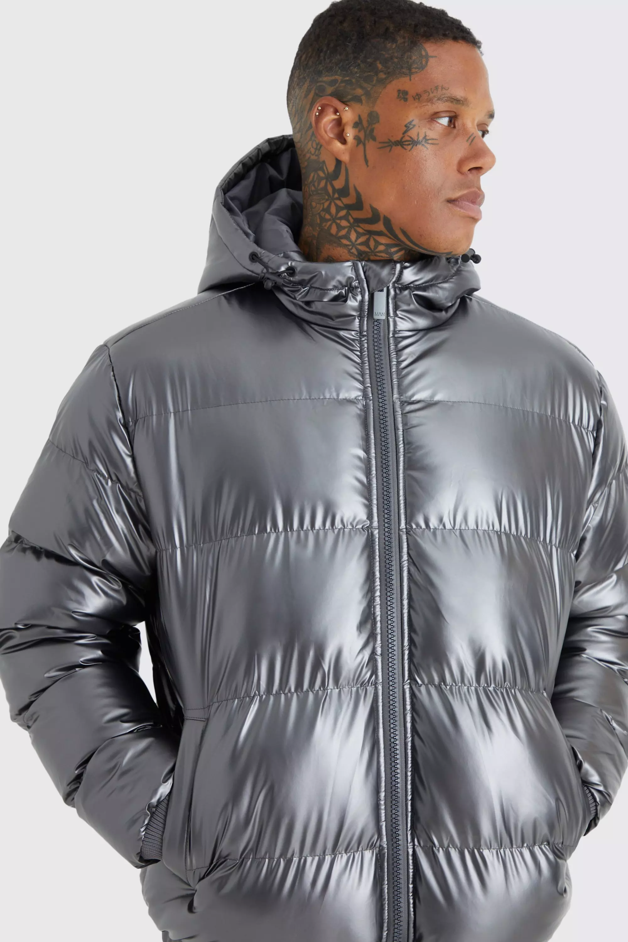Metallic Quilted Puffer With Hood