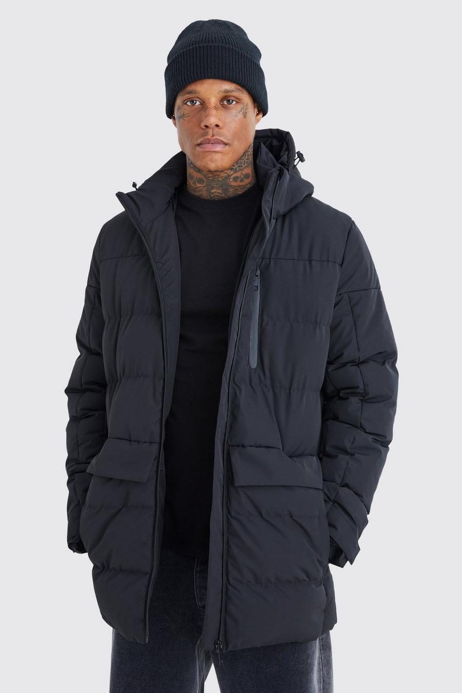 Black nero Longline Quilted Puffer With Hood