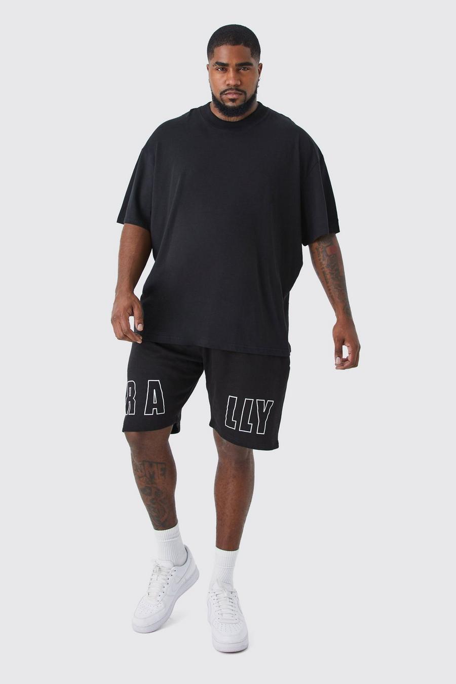 Conjunto Plus oversize de pantalón corto y camiseta con estampado Rally, Black negro image number 1