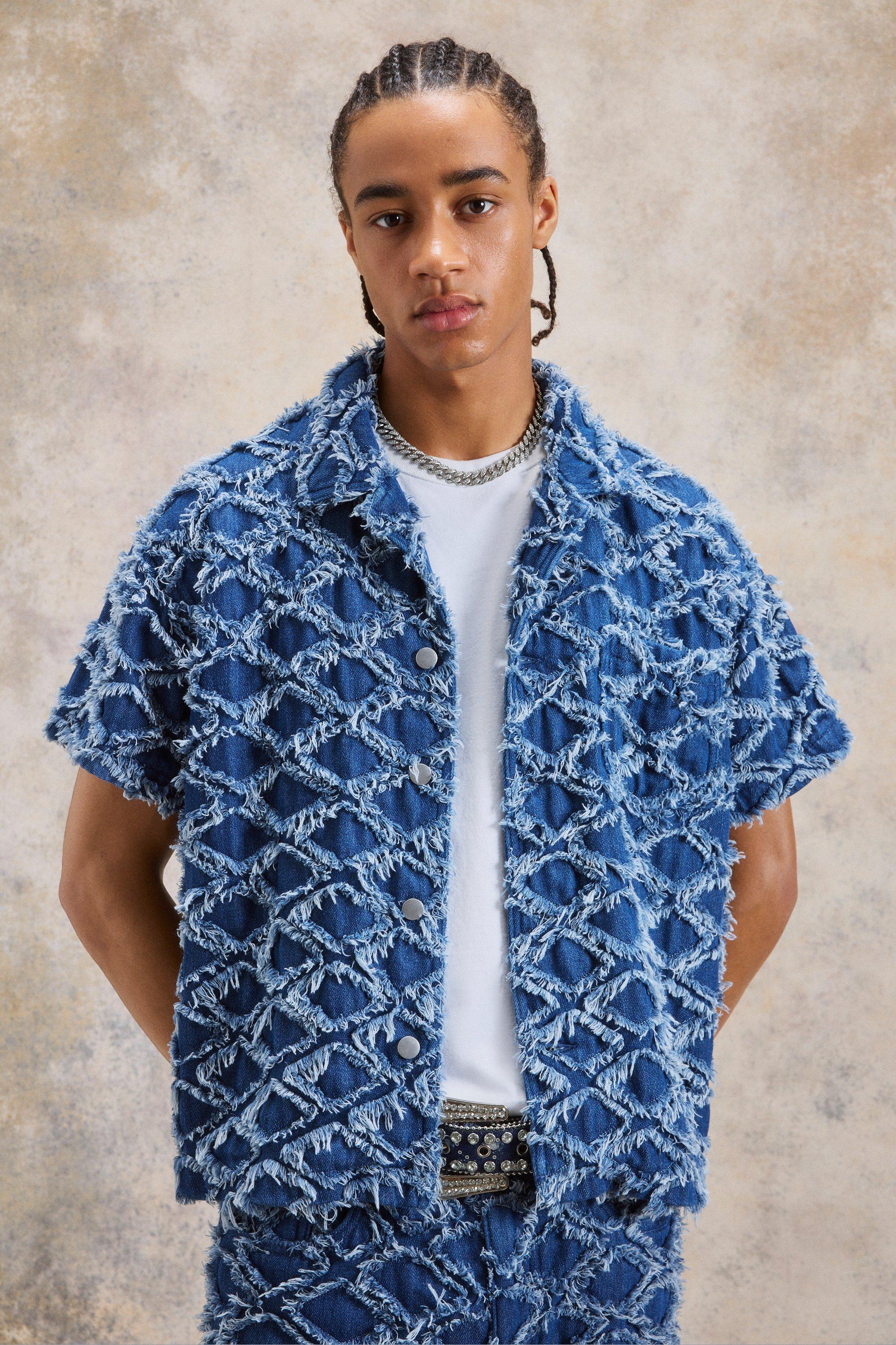 Navy Boxy Fit Diamond Jacquard Denim Shirt