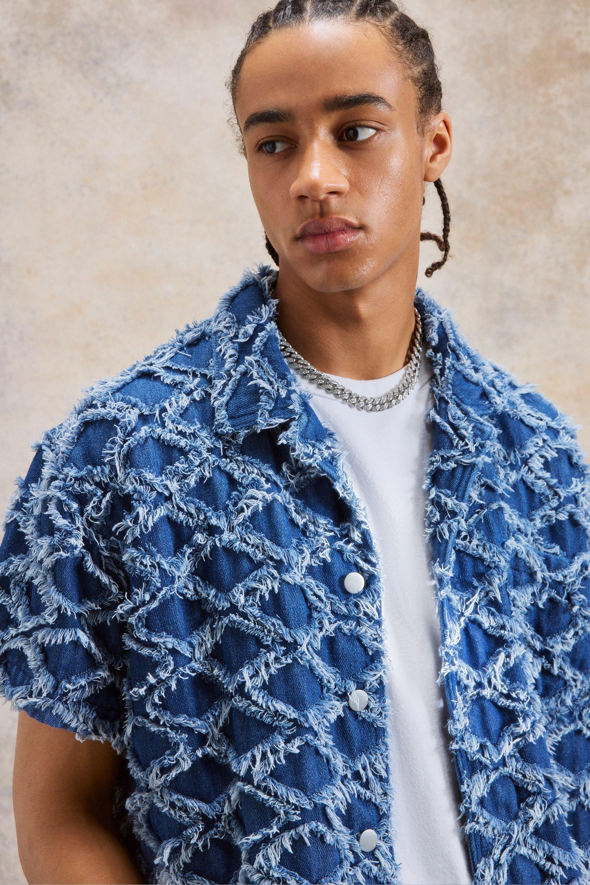 Boxy Fit Diamond Jacquard Denim Shirt