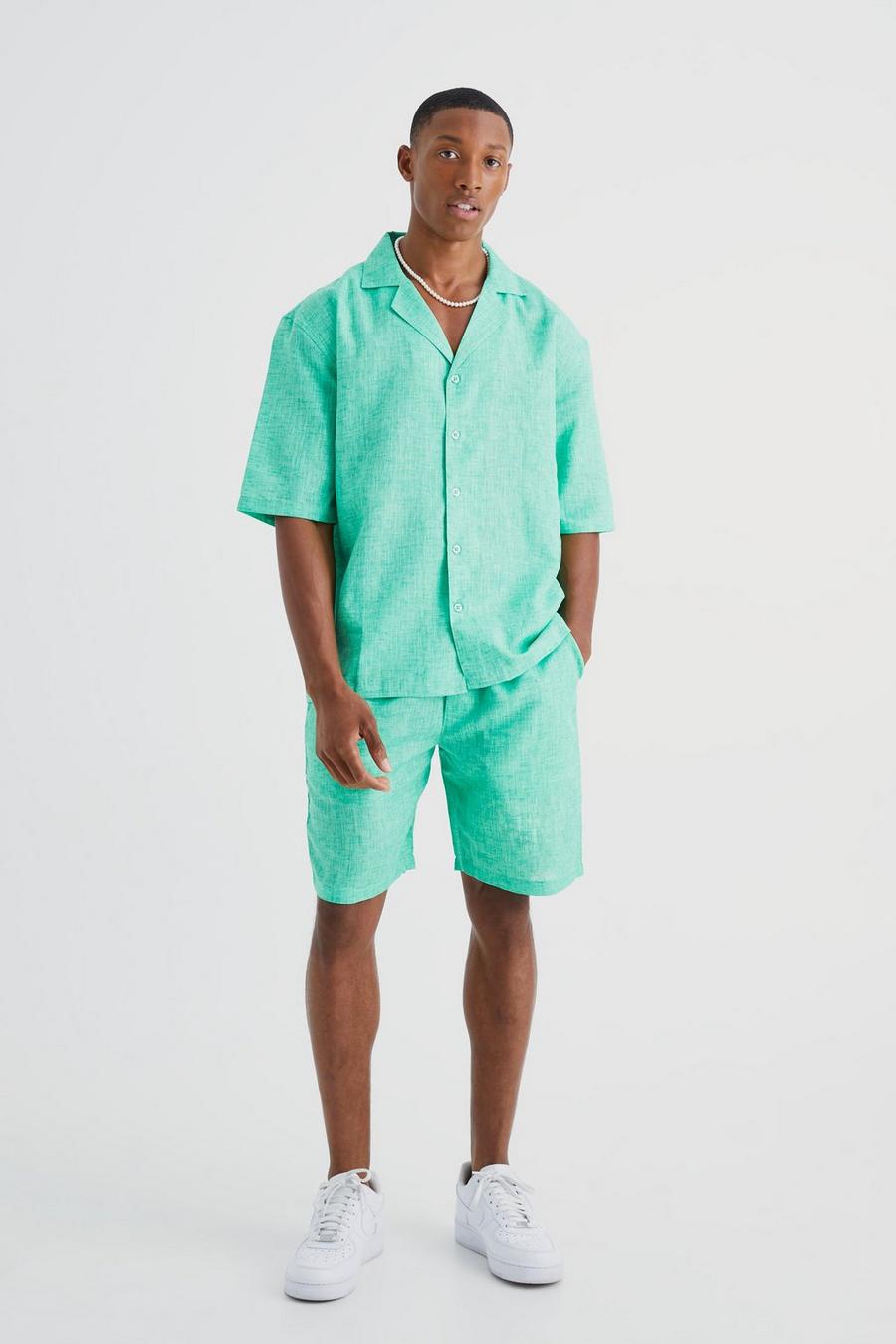 Kurzärmliges Hemd & Shorts in Leinenoptik, Lime green