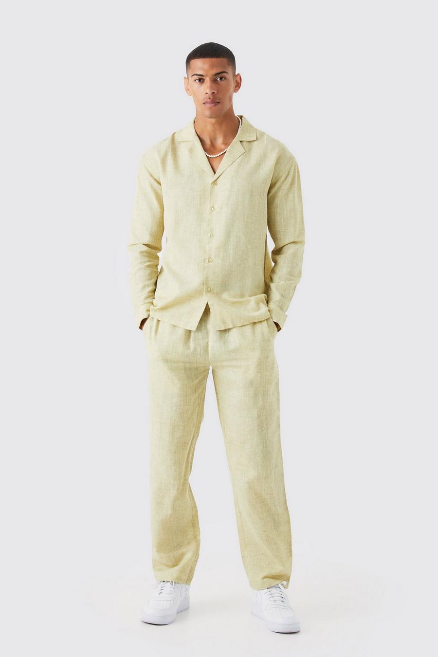 Stone Long Sleeve Dropped Revere Linen Look Shirt & Trouser image number 1