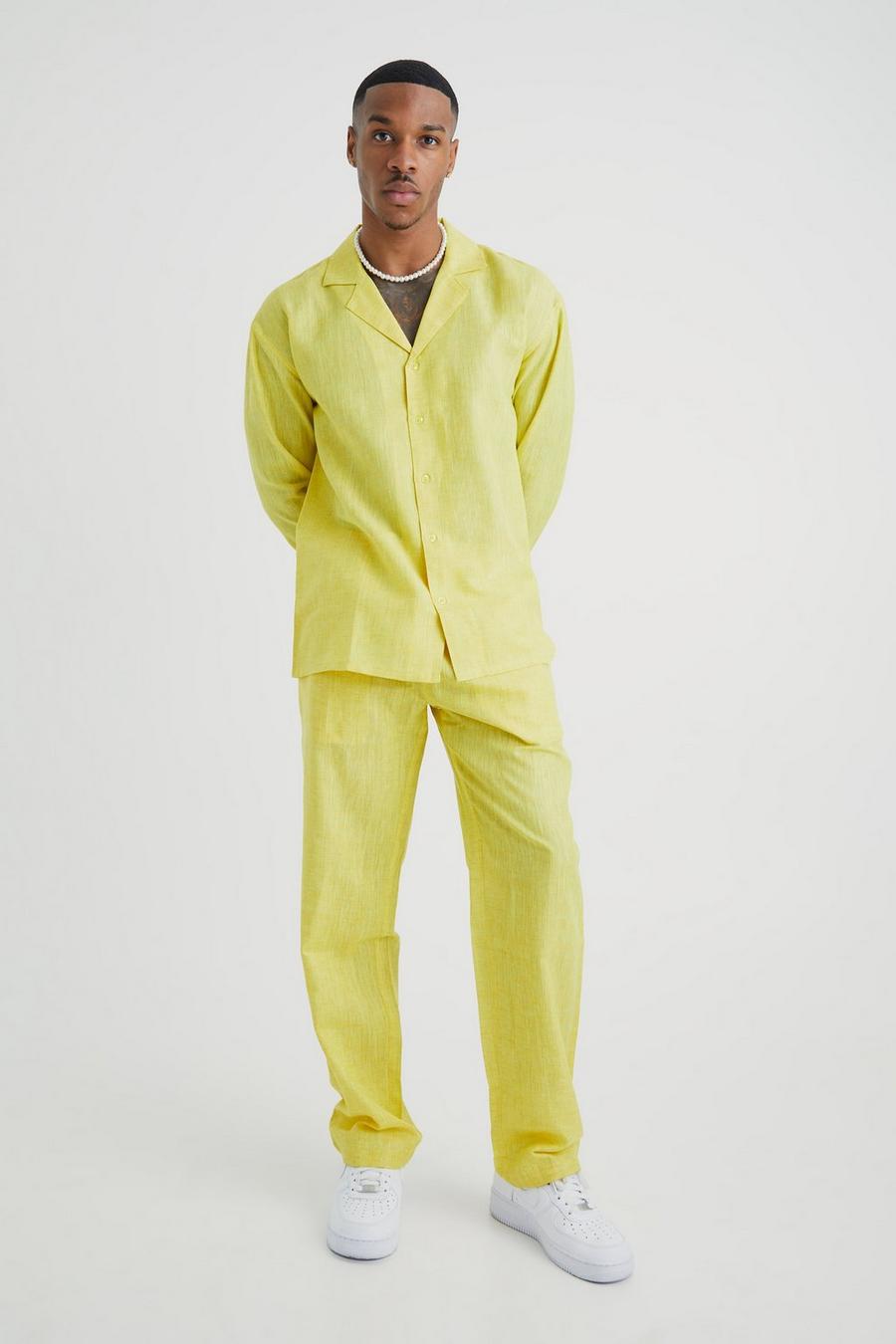 Pantalón y camisa efecto lino de manga larga con solapas, Sage image number 1