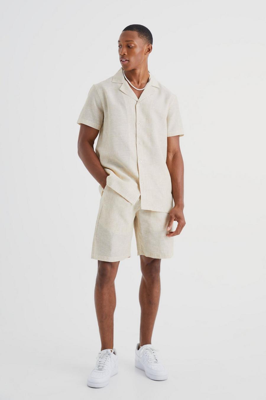 Men's Short Sleeve Revere Linen Look Shirt And Short | Boohoo UK