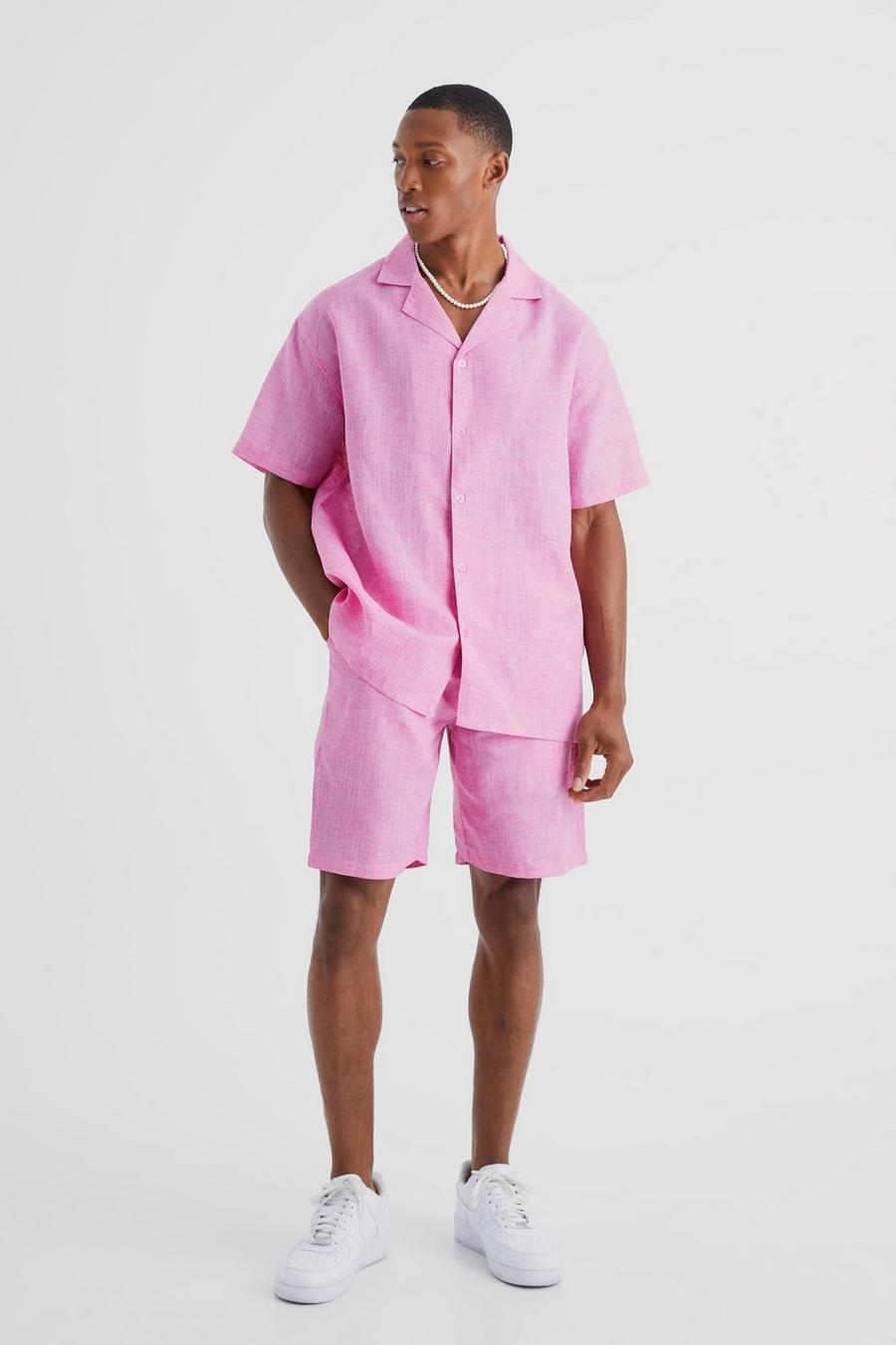 Set camicia oversize effetto lino & pantaloncini, Lilac image number 1
