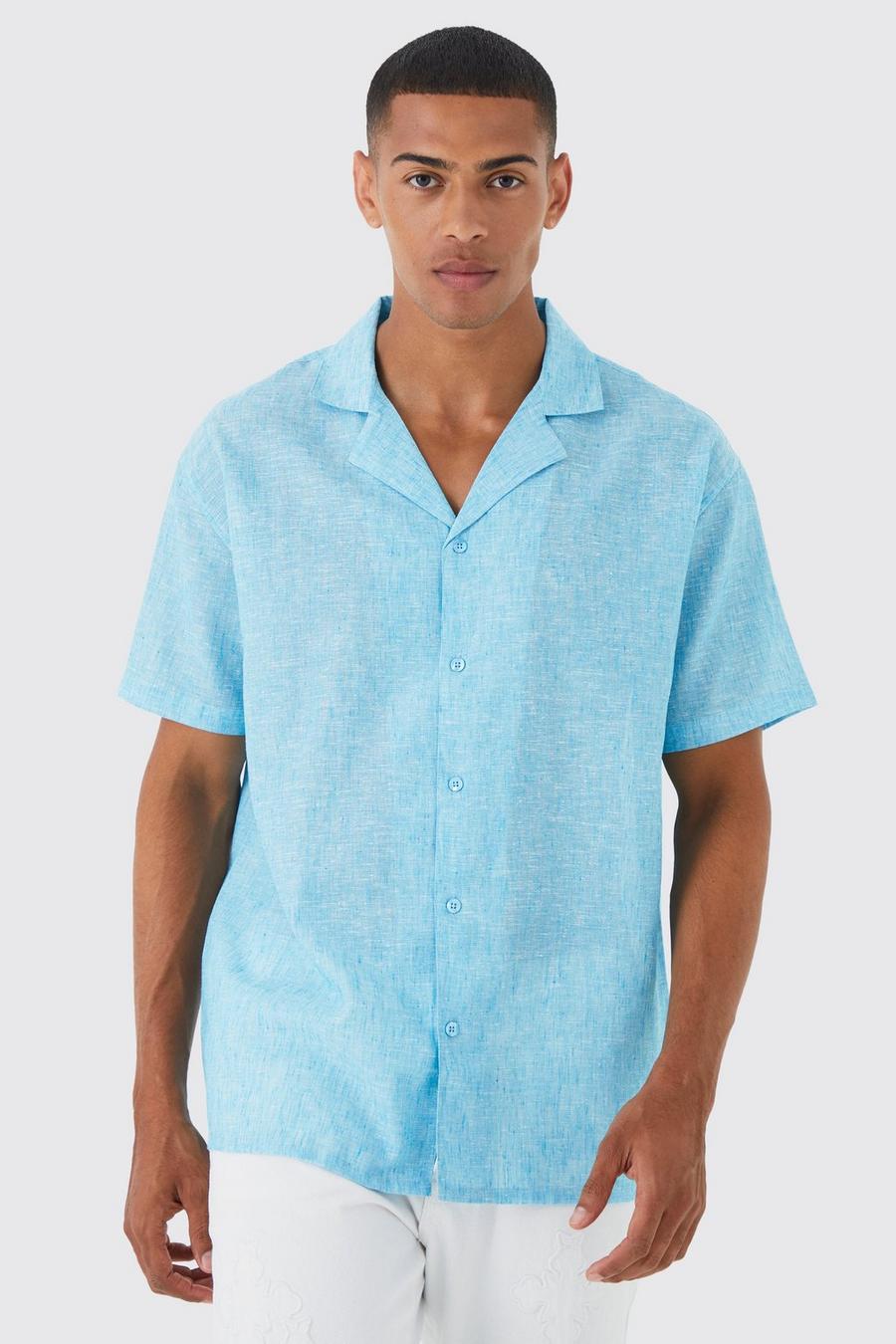 Camisa oversize recta efecto lino con solapas, Pale blue azzurro
