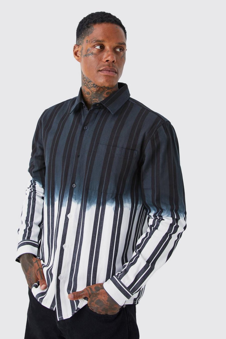 Black Striped Ombre Twill Overshirt image number 1