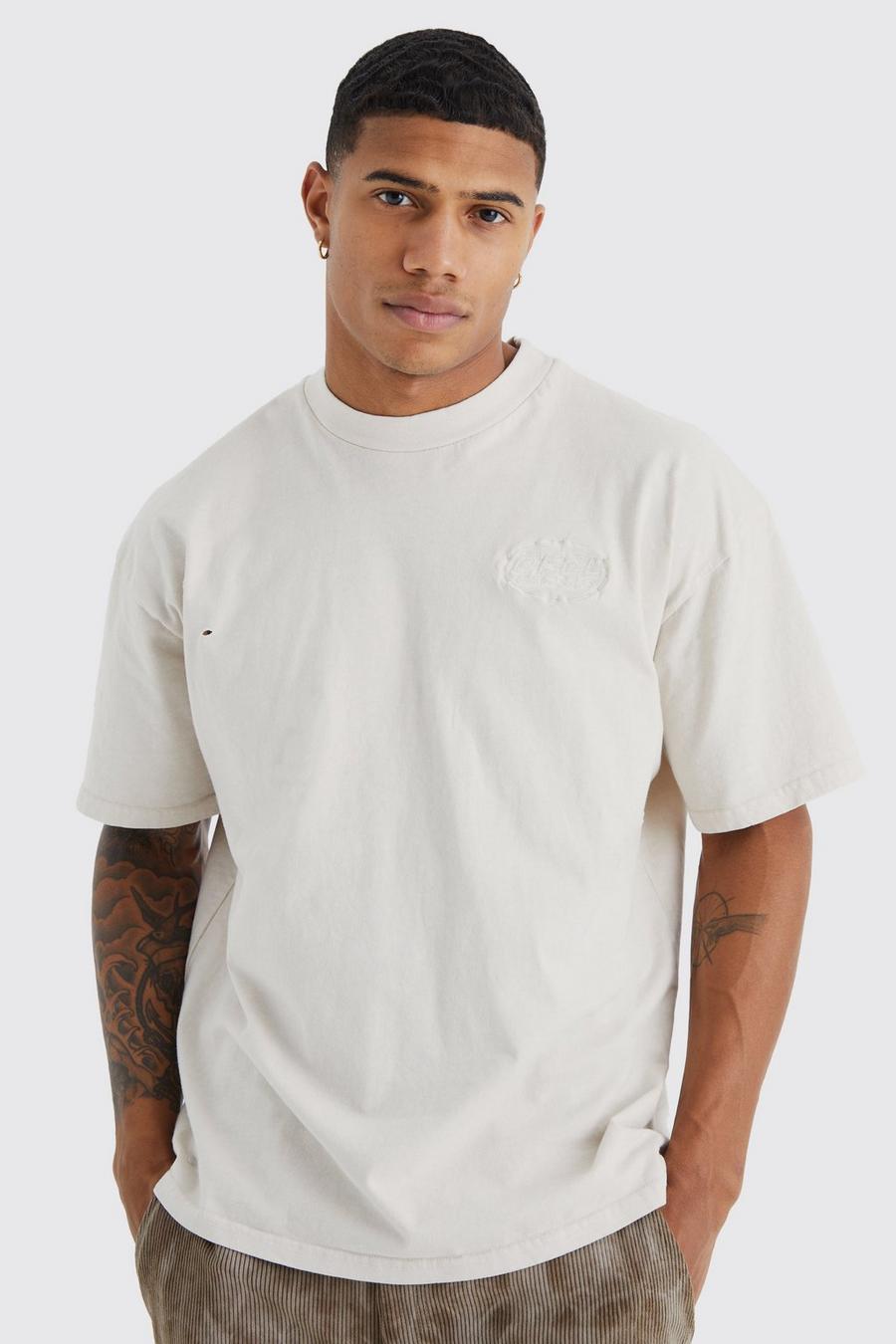 T-shirt oversize in denim pesante slavato con applique, Ecru image number 1