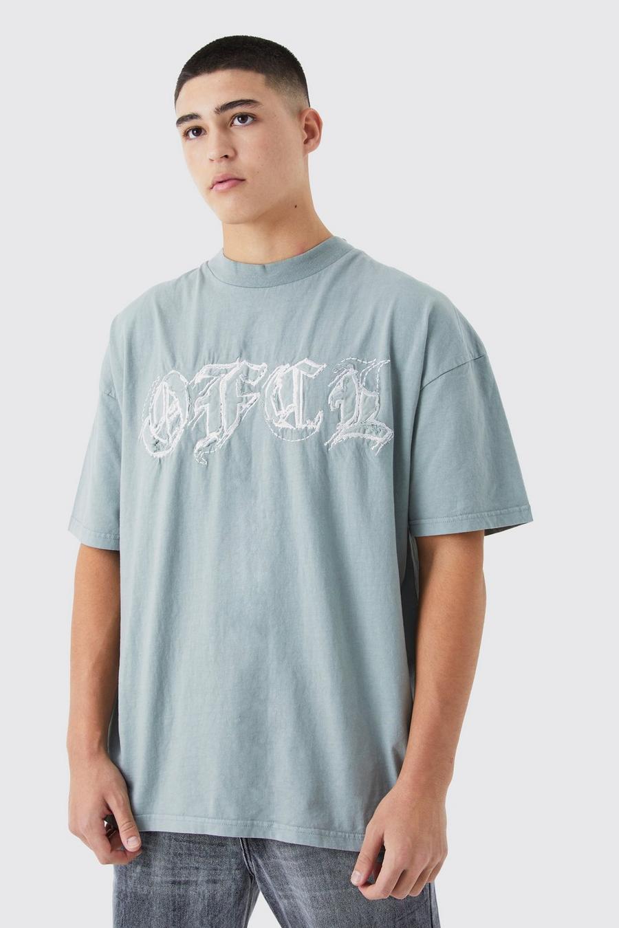 Oversized Heavyweight Washed Denim Applique T-shirt , Grey