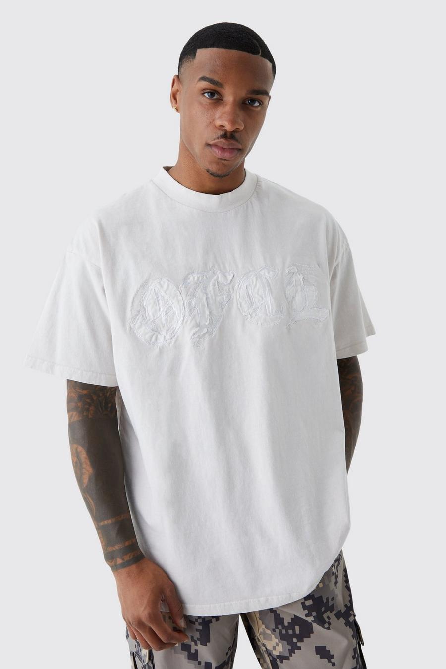 Camiseta oversize vaquera gruesa desteñida con apliques, Ecru bianco