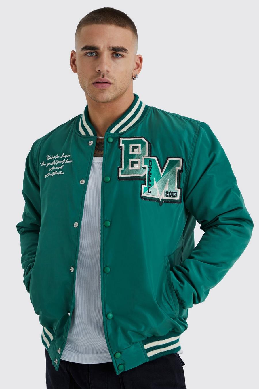 Green Nylon Varsity Jacket With Badges