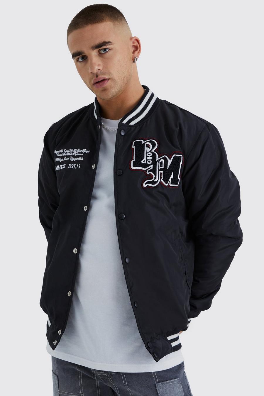 Black Nylon Varsity Jacket With Badges image number 1