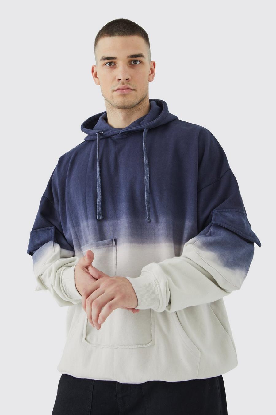 Ink blue Tall Oversized Heavyweight Ombre Cargo Hoodie