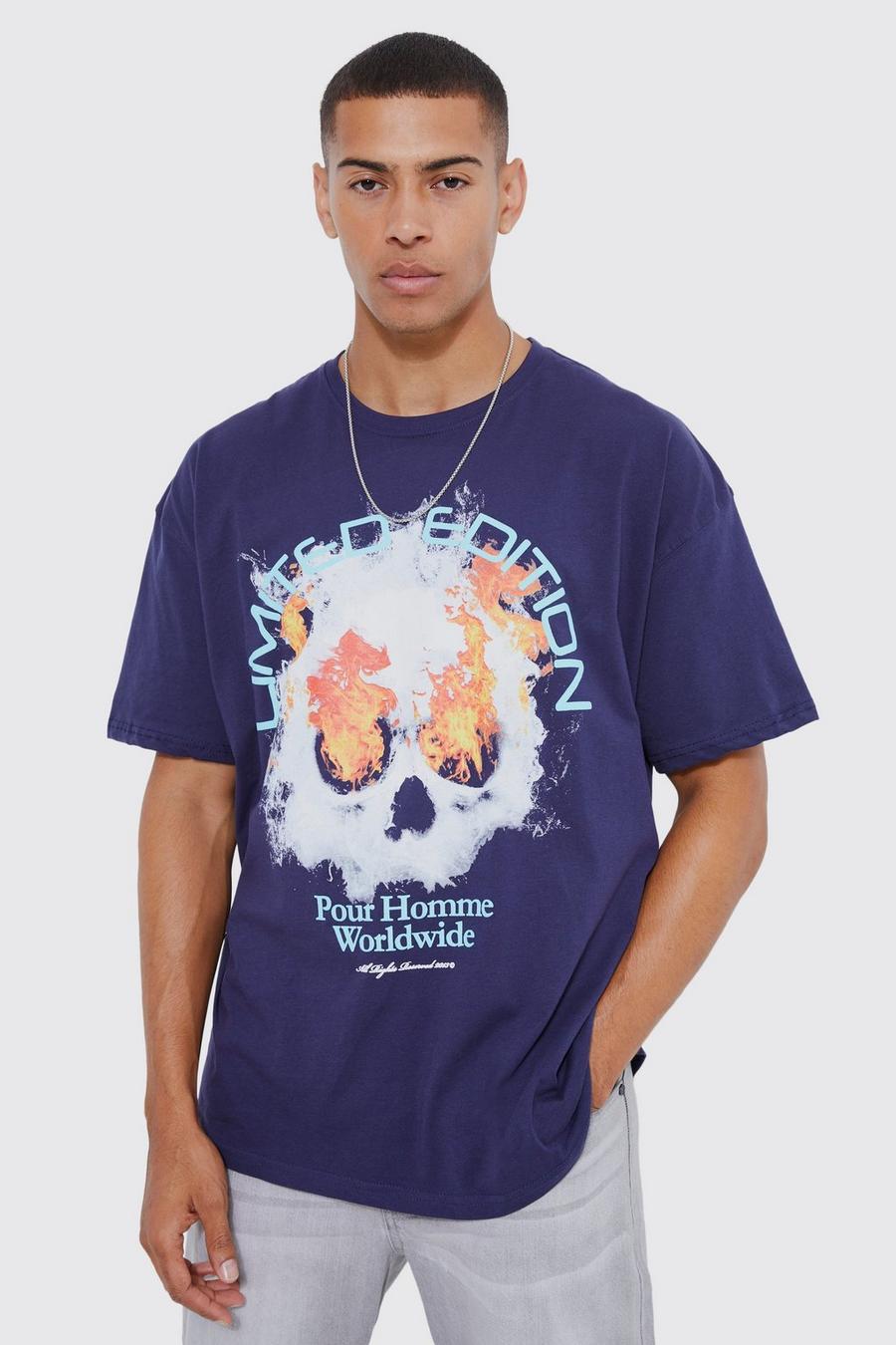 T-shirt oversize con grafica di teschio e fiamme, Navy