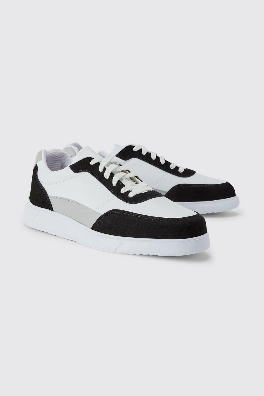 Black Tonal Panelled Faux Leather Trainer