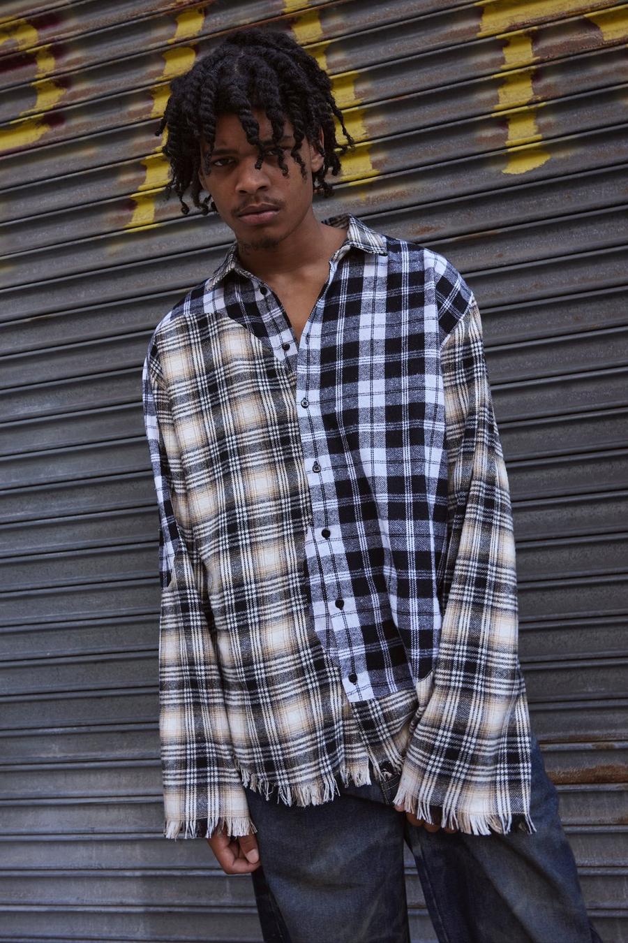 Black Oversized Wave Spliced Distressed Check Shirt