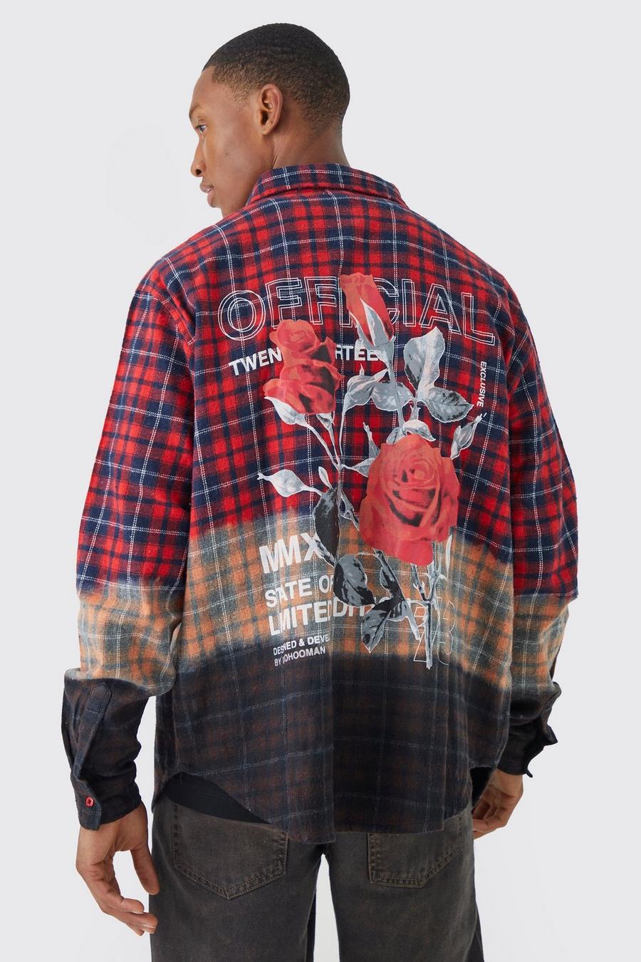 Red rosso Oversized Rose Back Print Ombre Check Shirt image number 1
