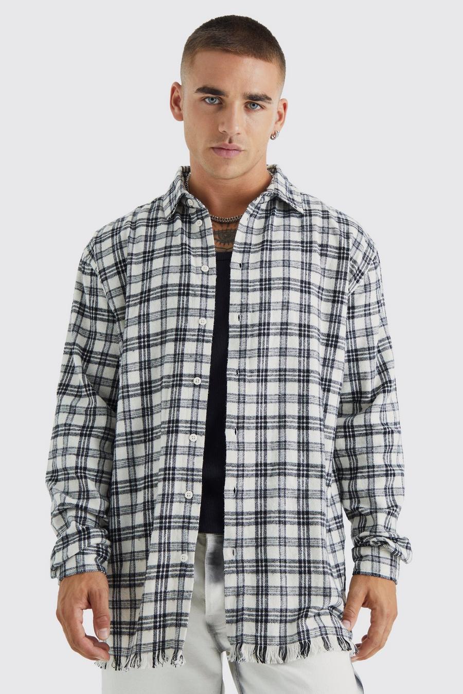 White Oversized Grid Check Distressed Shirt image number 1