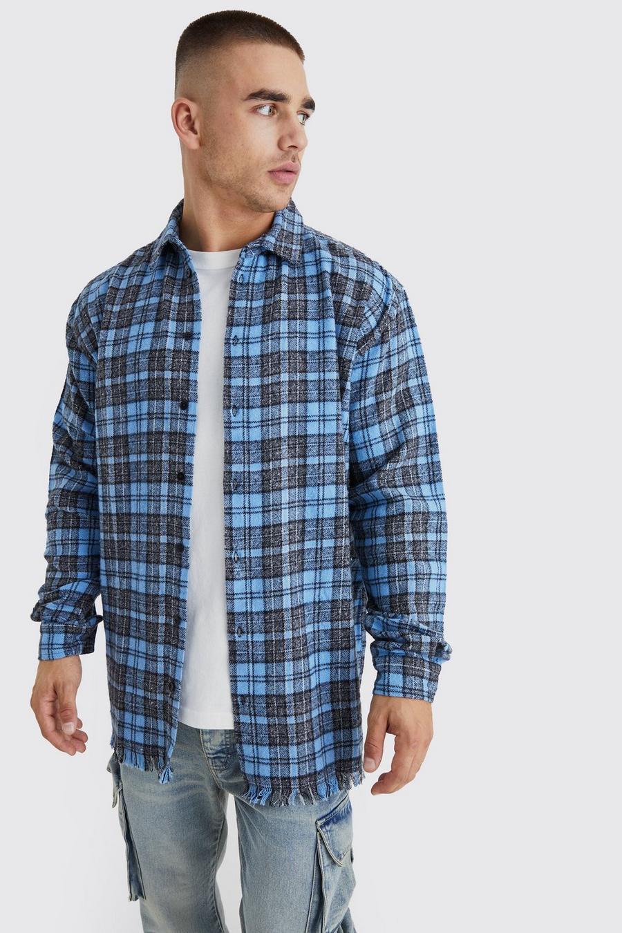 Blue Oversized Grid Check Distressed Shirt