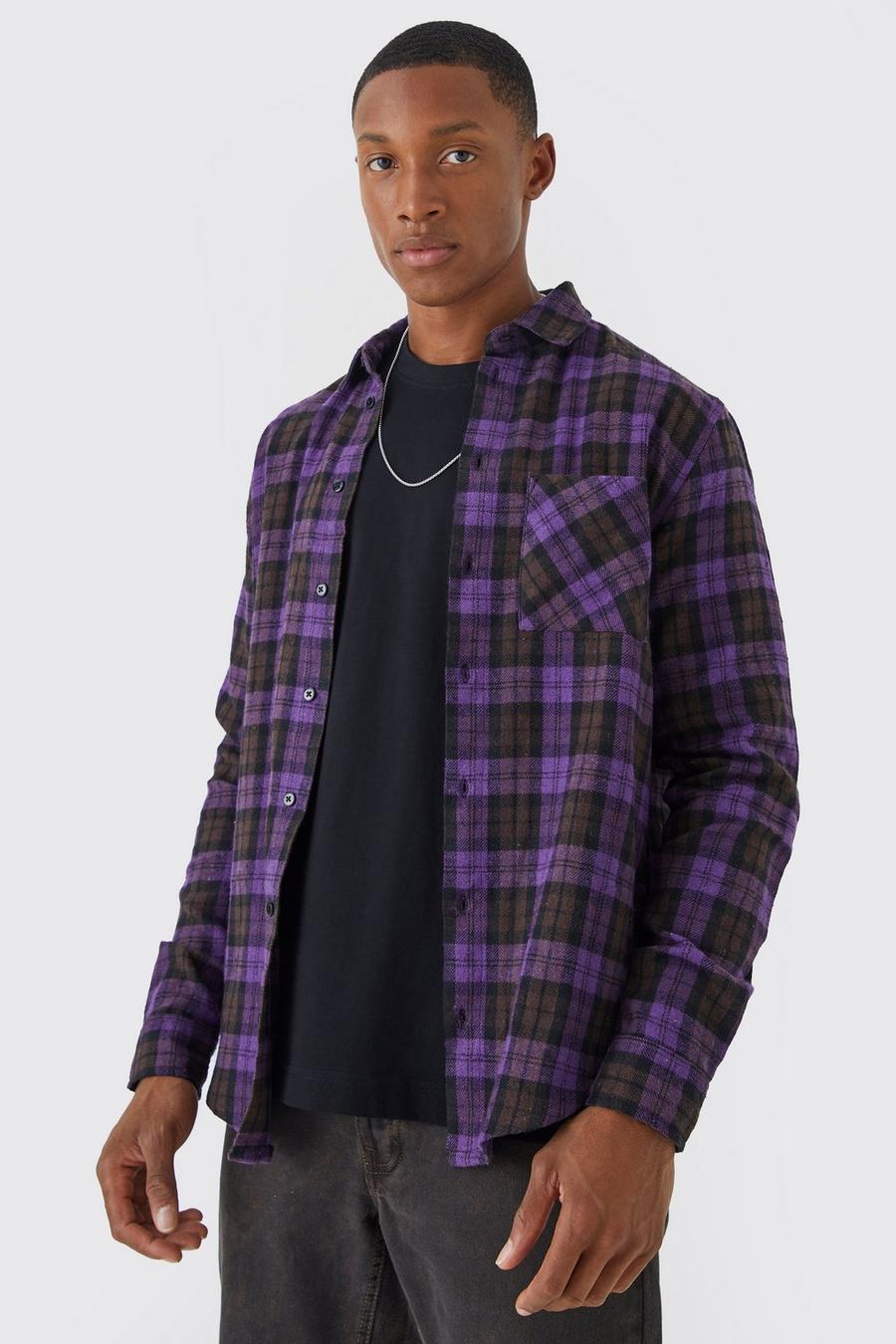 Camisa de manga larga y franela con estampado de cuadros, Purple morado