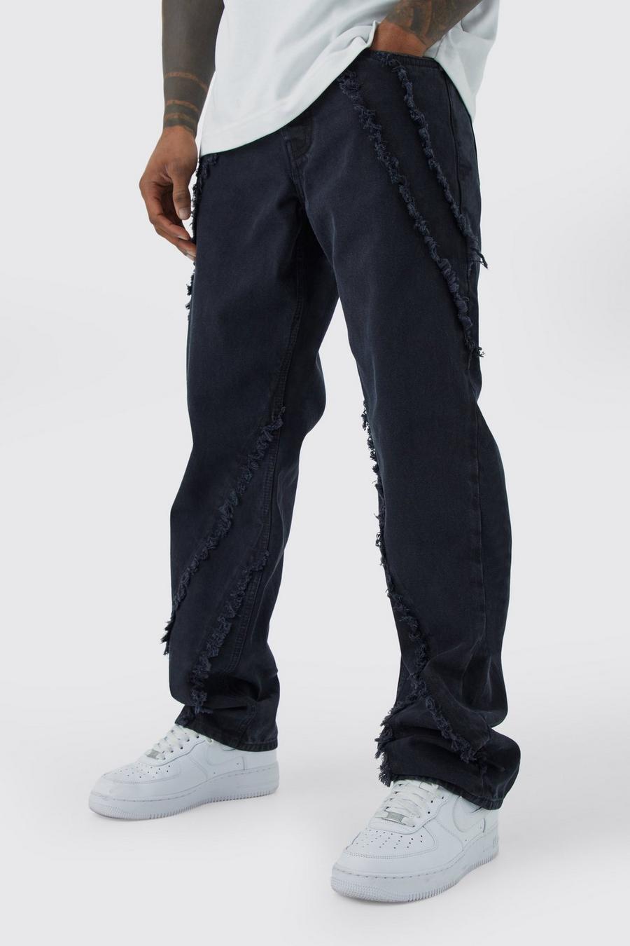 Washed black Jeans med ledig passform och fransig kant image number 1