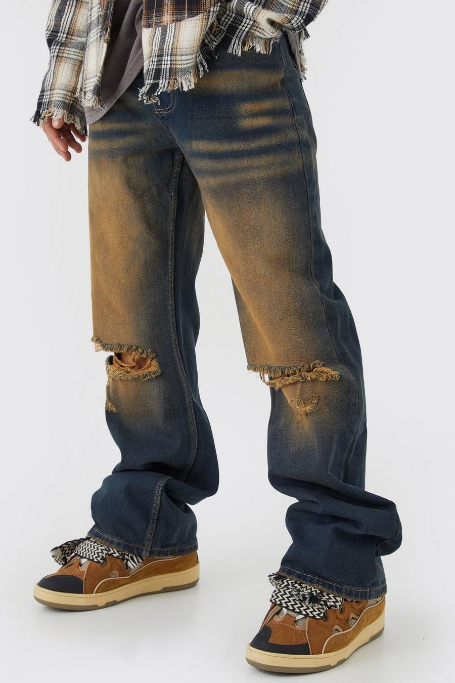 Antique wash bleu Relaxed Flare Tinted Jeans With Knee Slash