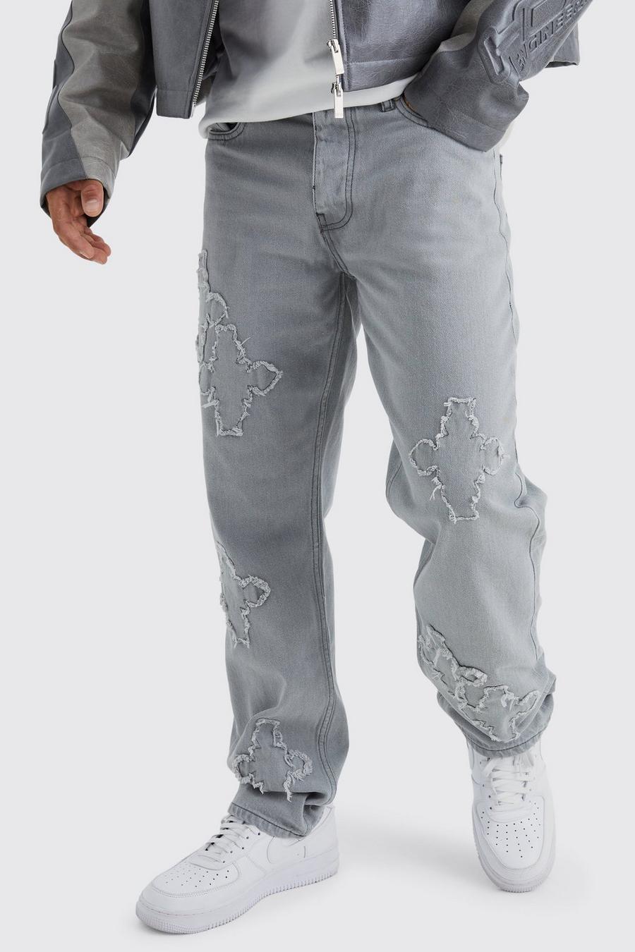 Lockere Jeans mit rohem Saum und Kreuz-Applikation, Ice grey