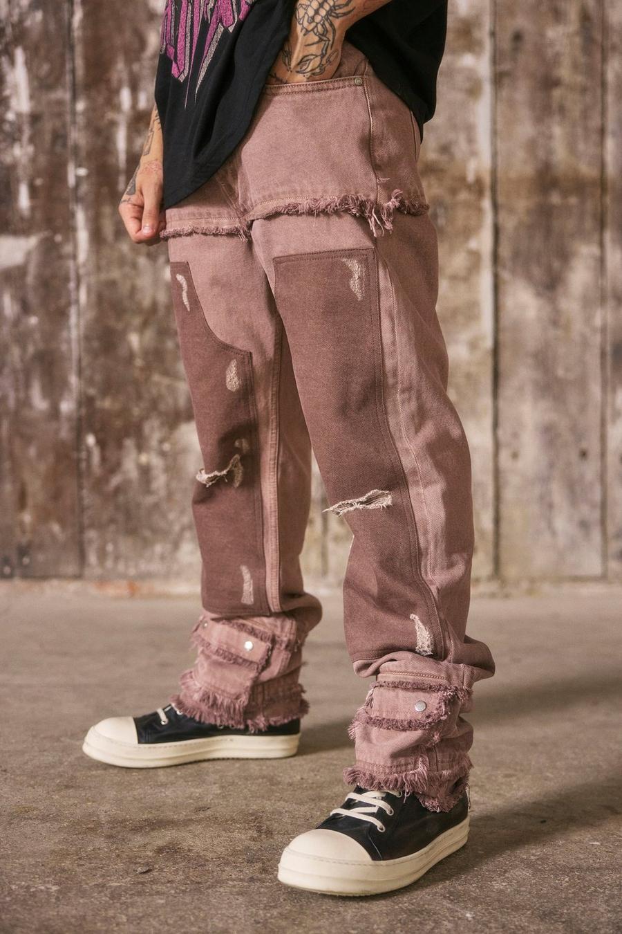 Pink Relaxed Fit Frayed Edge Worker Panel Jeans image number 1